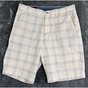 Volcom Corpo Class Plaid Shorts Size 34 White & Blue Casual Button Details